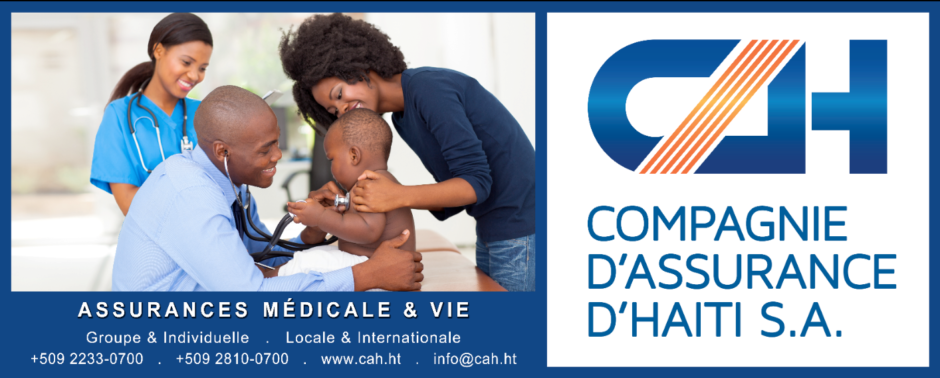 Compagnie d'Assurance d'Haiti S.A. logo beside a photo of a doctor examining a child with a parent