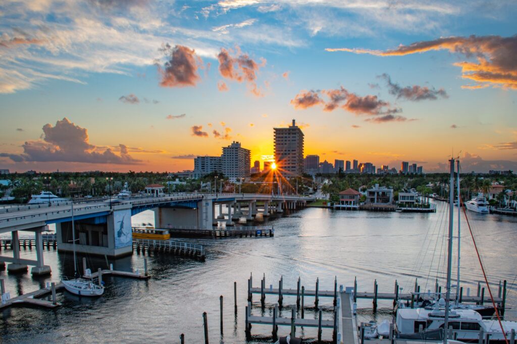 Las Olas bridge and marina in Fort Lauderdale at sunrise